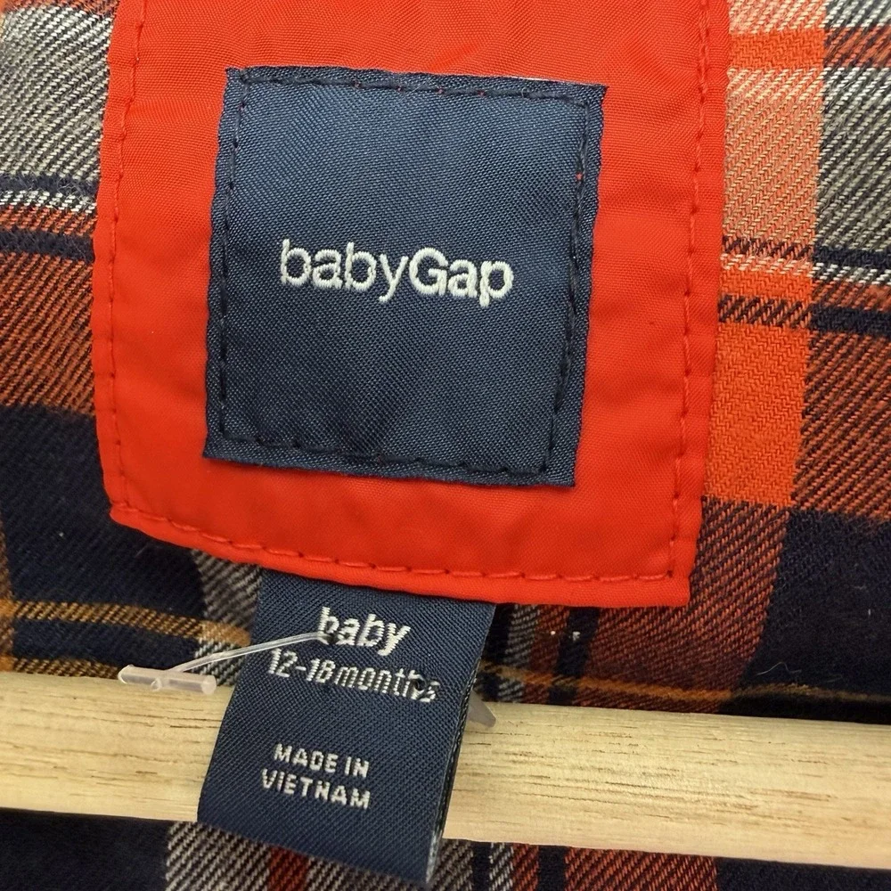 Baby Gap Boys Plaid Puffer Vest 12-18 Mo Plaid Lined Wool Blend Snaps Y2K Fall